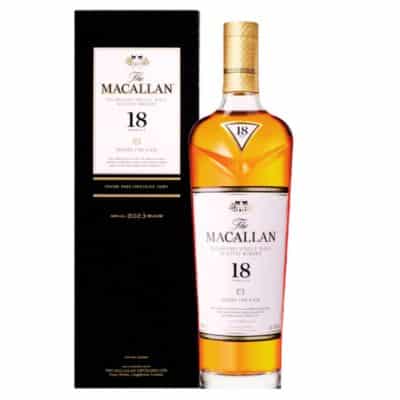 Bottle of The Macallan 18 Year Sherry Oak Cask Single Malt Scotch Whisky in premium packaging.