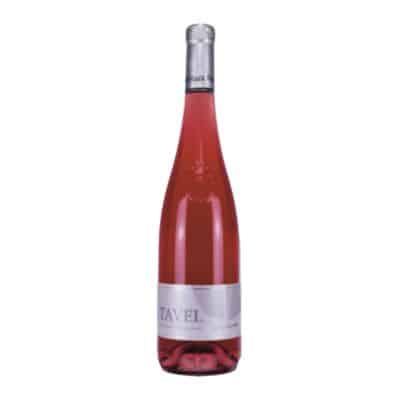 Bottle of Cru Tavel Rosé “Les Jardins” by Rocca Maura—vibrant salmon-pink French rosé