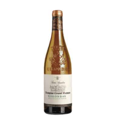 Bottle of Pierre Amadieu Domaine Grand Romane 2023 Gigondas Blanc, elegant pale‑yellow wine