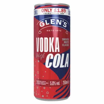 Glen's Vodka with Cola 12 x 250ml premixed slim cans – party-ready alcoholic drink, available at Goldenacre Wines UK