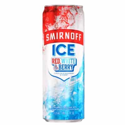 Can of Smirnoff Ice Red, White & Berry, a white, red, and blue carbonated beverage with ice imagery and "Smirnoff ICE" and "RED, WHITE & BERRY" prominently displayed.