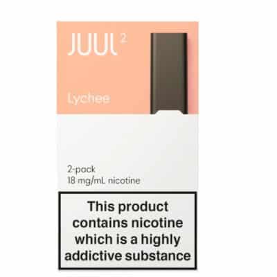 A two-pack of JUUL2 Lychee flavoured pods with 18mg/ml nicotine, available at Goldenacre Wines.