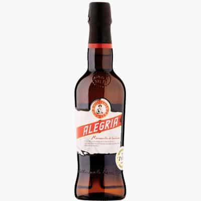 Williams & Humbert Alegria Manzanilla Sherry bottle against a rustic wooden background.
