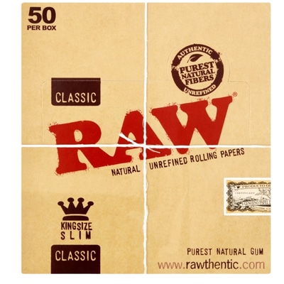 Buy RAW Classic King Size Slim Rolling Papers online UK from Goldenacre Wines – authentic unrefined fibres and purest gum.