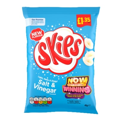 Buy Skips Salt & Vinegar Crisps UK – 16 x 45g full box available online from Goldenacre Wines